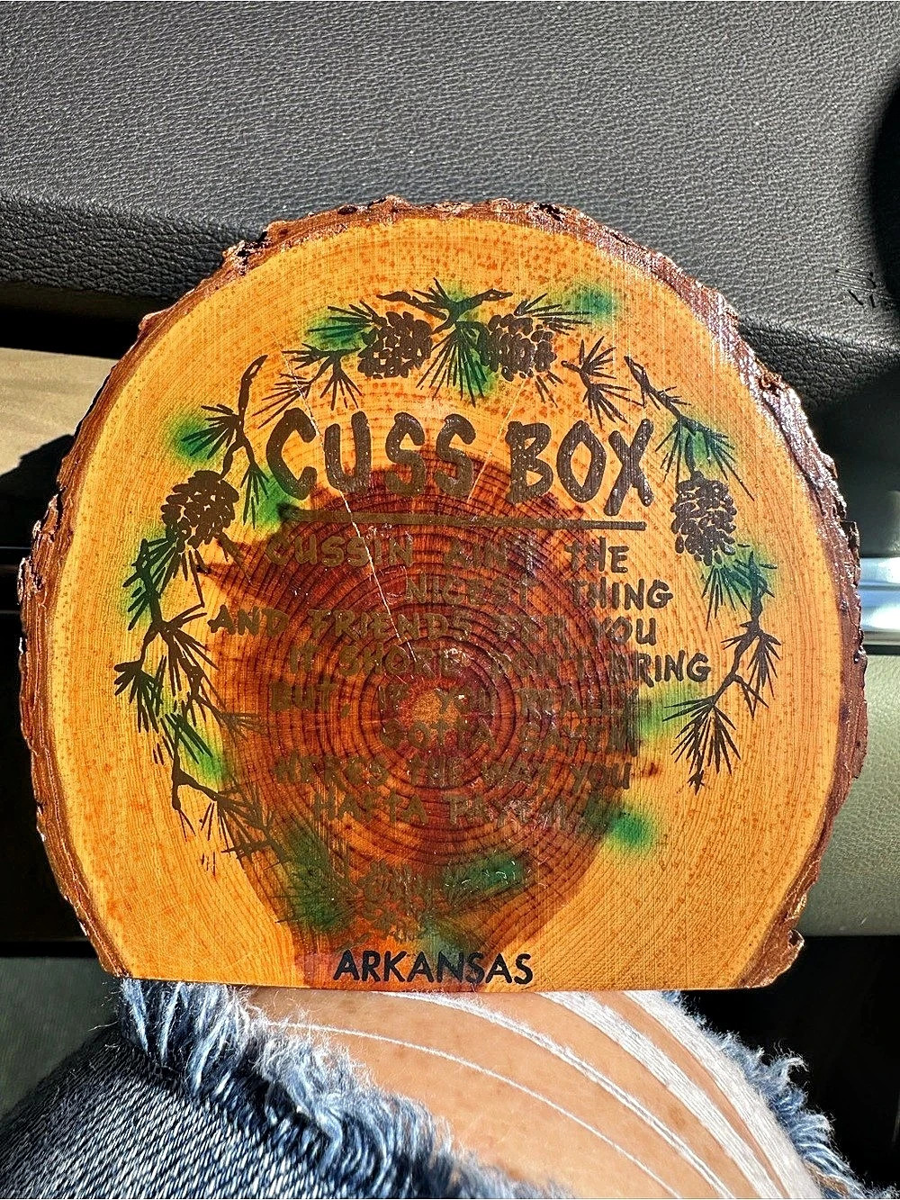 Vintage Arkansas Wooden Cuss Box Coin Bank • Retro Live Edge Novelty Swear Jar